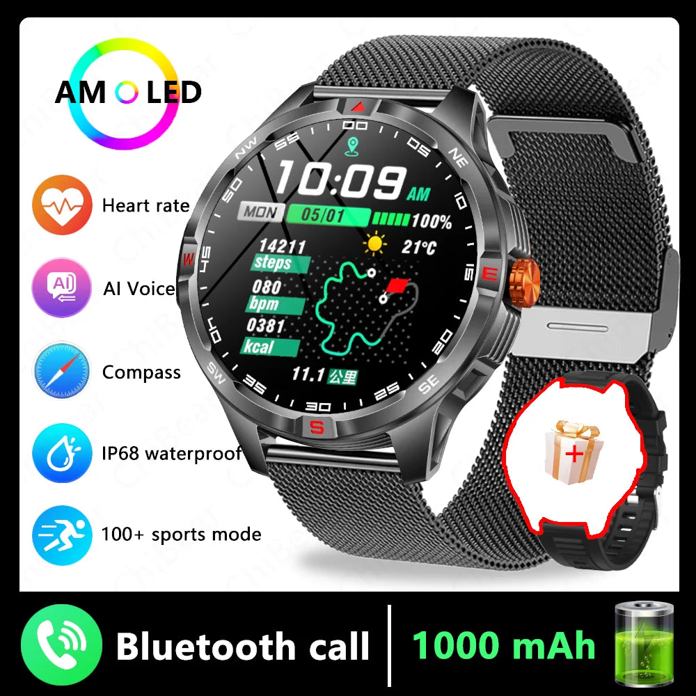 GPS Outdoor 1000mAh Battery Smartwatches Men 100+ Sports Mode Compass Heart Rate 3ATM Waterproof Bluetooth Call Smart Watch