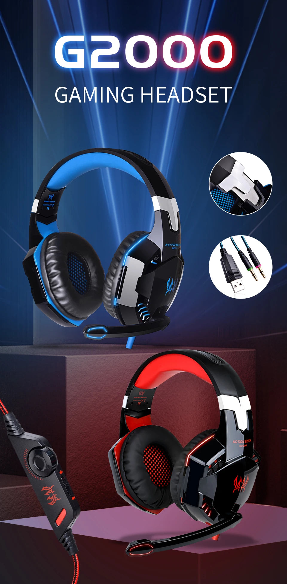 G2000 Gaming Headsets Big Headphones with Light Mic Stereo Earphones Deep Bass for PC Computer Gamer Laptop PS4 New X-BOX