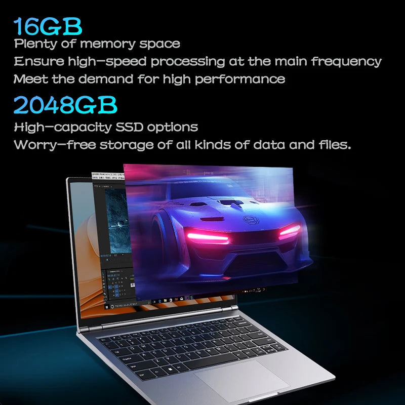 14.1" Slim Bezel Laptop Intel N3700 16GB RAM 1TB SSD Win11 Lightweight Office Entertainment Notebook