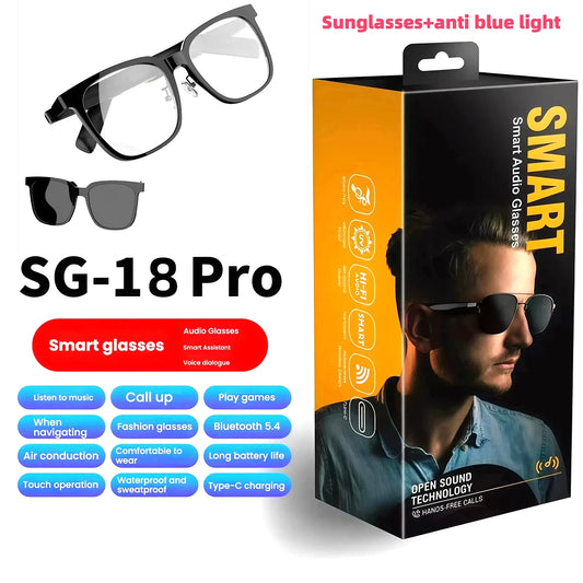 SG18 New Smart Glasses With Detachable Magnetic Lens Sunglasses+Anti Blue Light, Touch Control, 80+80mAh Battery UV Protection