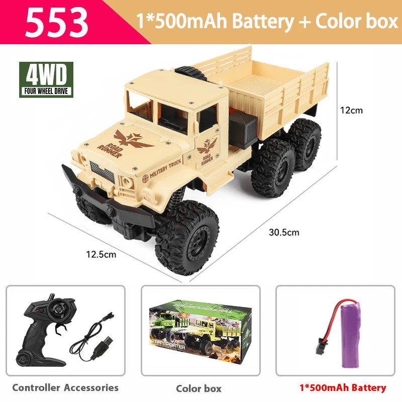 1/16 2.4G Aluminum Alloy RC Truck Six Wheel Military Edition with LED Lights Outdoor Remote Control Cars Toys Gift for Children