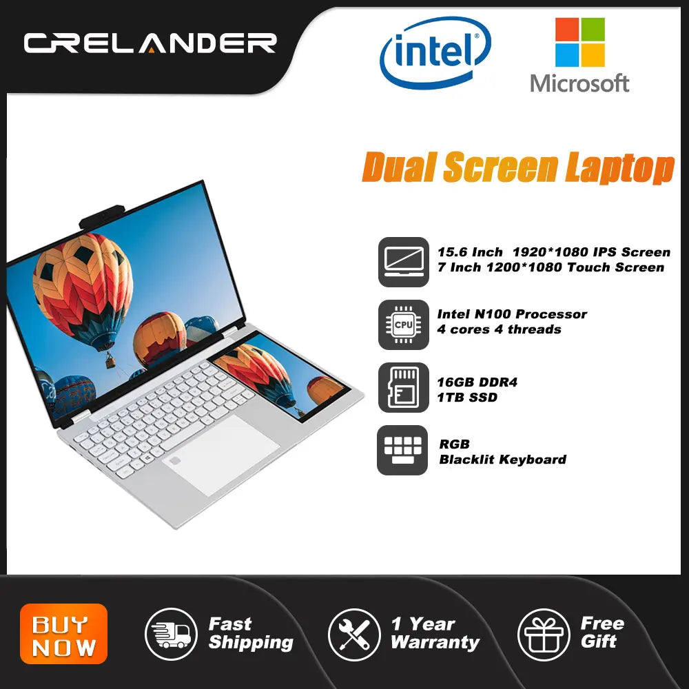CRELANDER Intel N100 Notebook 15.6 " 2K +7" Touch Screen Quad Core 16GB WIFI Windows11 Portablet PC Computer Dual Screen Laptop
