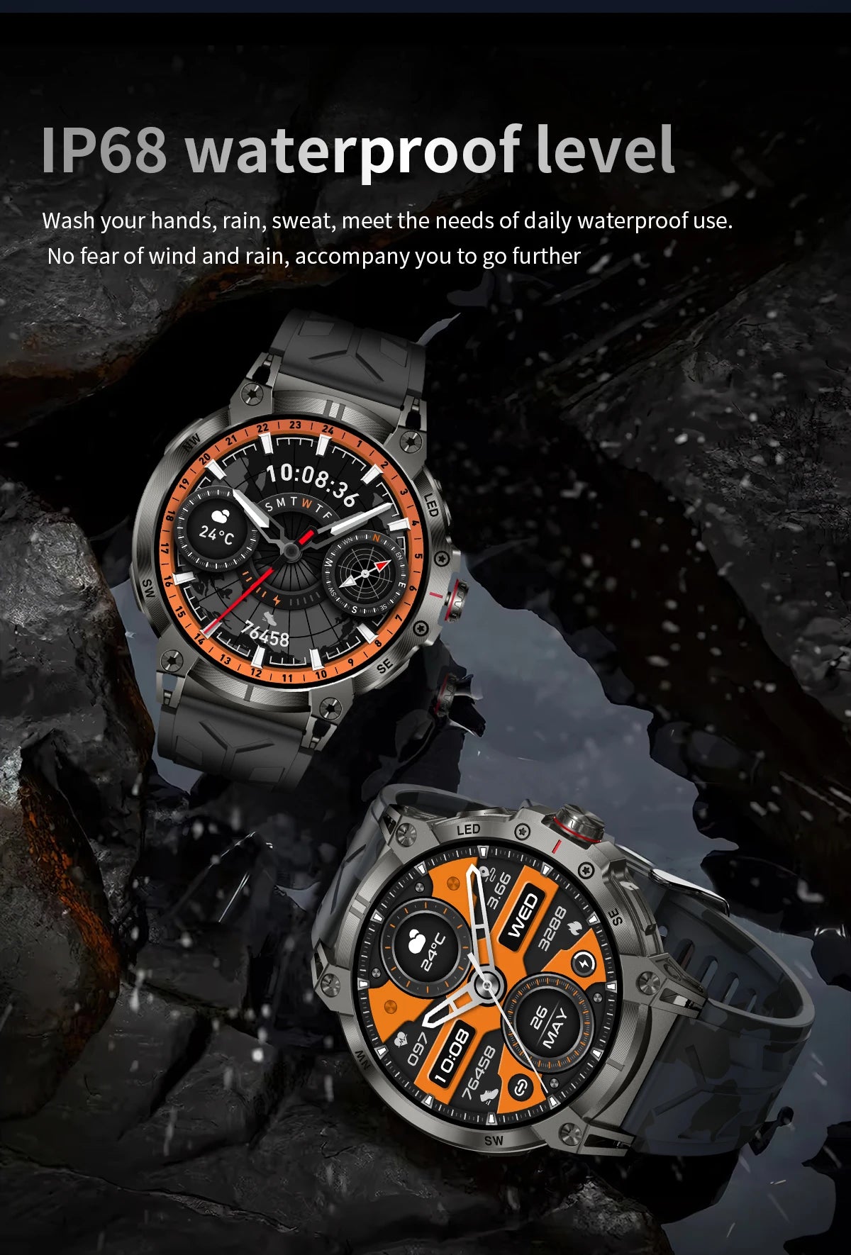 New Military Smart Watch Men 760mAh Large Battery LED Flashlight Compass 1.8"HD Screen Heart rate Waterproof BT Call Smartwatch