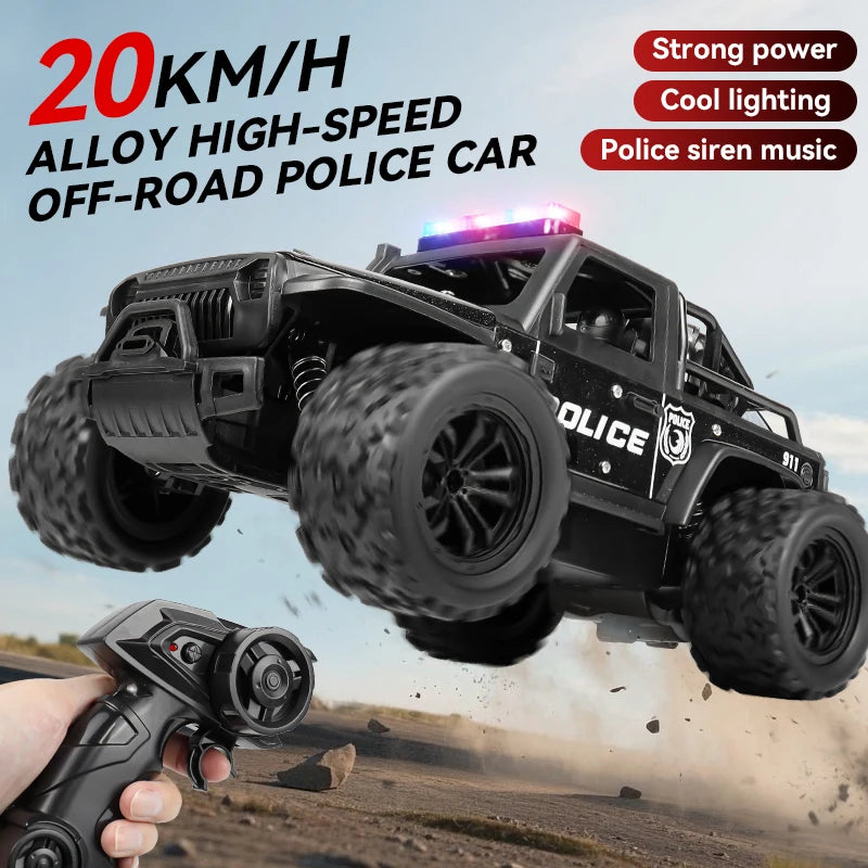 Remote-controlled off-road police car, cool police lights, simulated siren sounds, 1:16 scale alloy body,Spring shock absorption