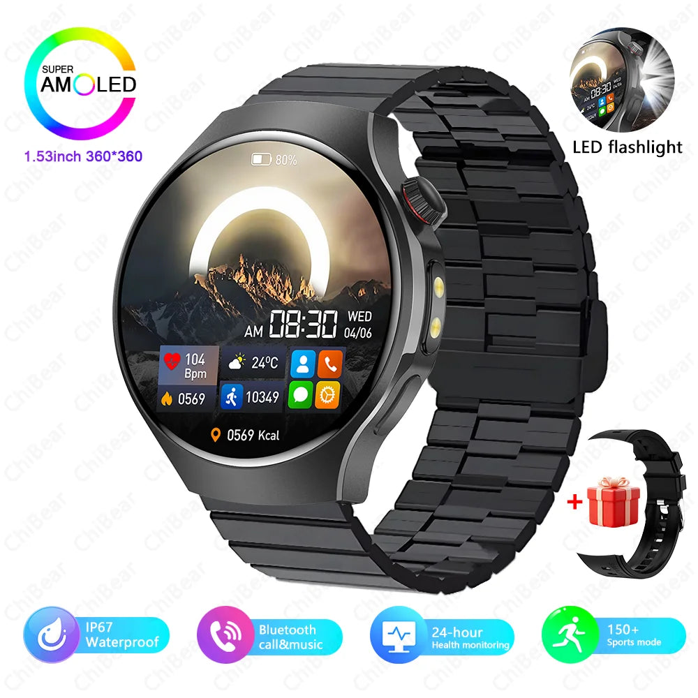 LED Outdoor Smart Watch Men 100+Sports Mode 1.53 360*360 HD AMOLED Screen LED Flashlight IP67 Waterproof Voice Call Smartwatch