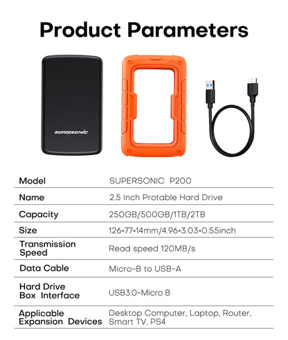 Supersonic Portable Hard Drive PHDD USB 3.0 1TB 500G 2.5 Inch External SSD Hard Disk For Laptop Computer Smart TV PS4