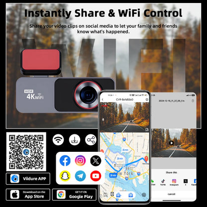 Dash Cam 4K HD Ultra Wide Angle Loop Recording Dash Cam Built-in WiFi Optional Dual Lens 24 Hours Parking Monitoring