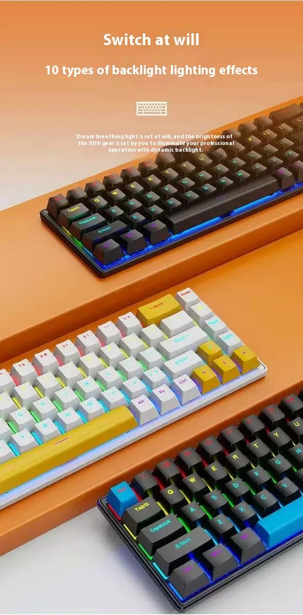2025 new 68-key game mechanical keyboard mini 65% compact RGB backlit ergonomic wired film keyboard, suitable for laptop desktop