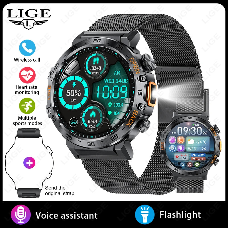 LIGE 2024 Smart Watch Men 360*360 AMOLED HD Screen Waterproof Sport Fitness Watches Flashlight New Men Smartwatch For Andrio IOS