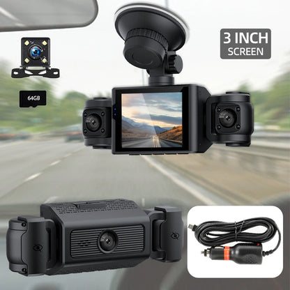 Dash Cam W/ IR Night Vision Loop Recording 3" IPS Screen 360° Rotatable 1080P 4 Camera Front/Rear/Left/Right Cars Driving DVR