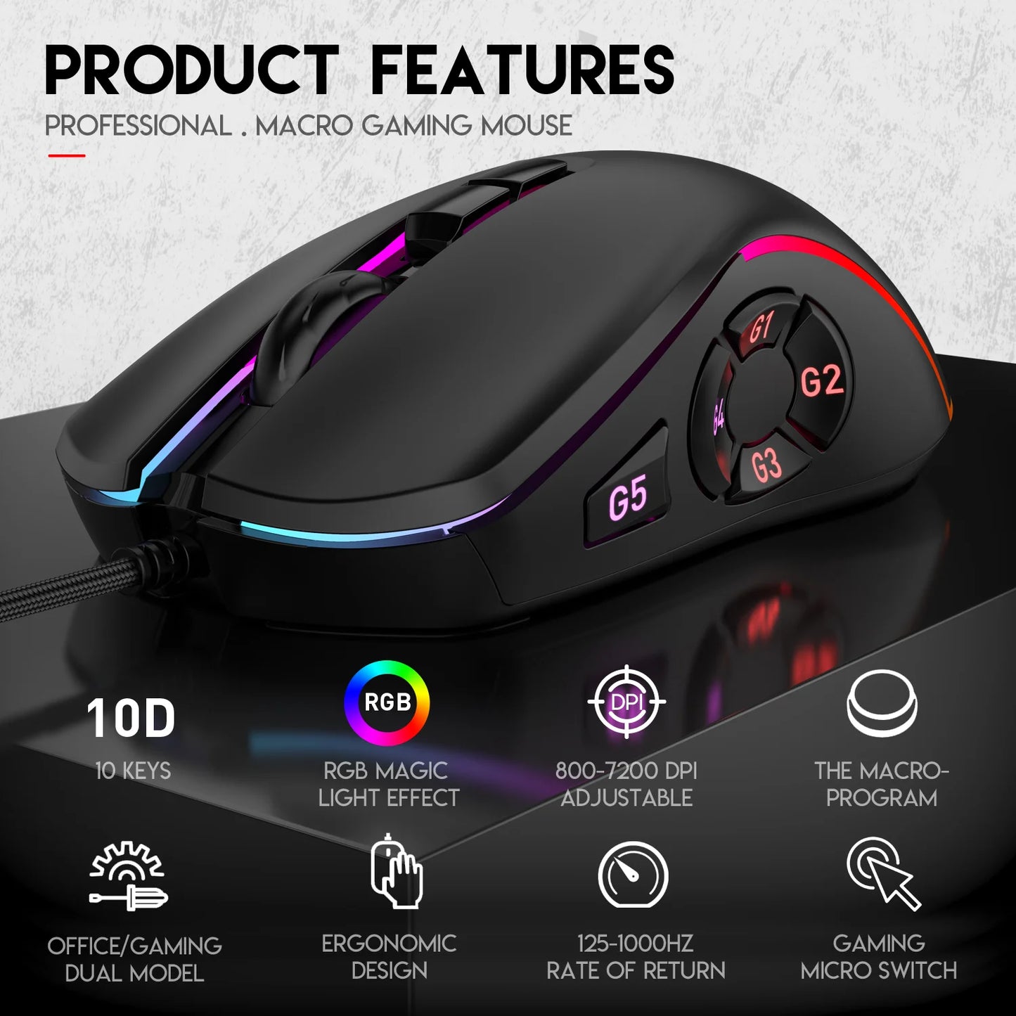 Gaming Ergonomic Mouse RGB Gaming Wired Mouse with 12800 Adjustable DPI, 10Programmable Buttons,for Gamer Office