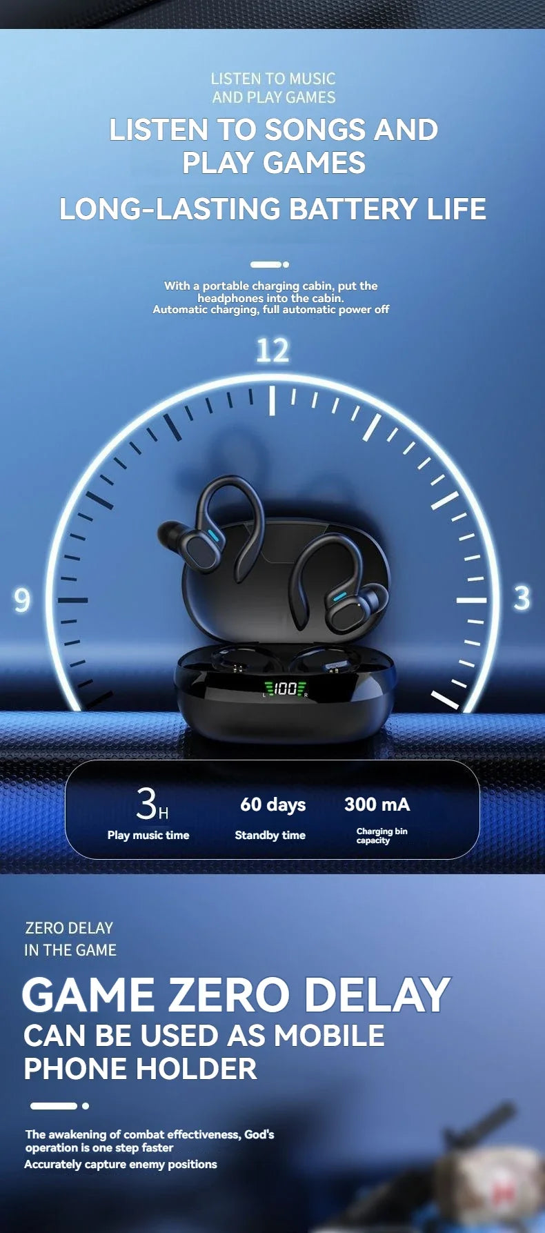 Ear Hook Wireless Sport Headphones 50H Open-Ear Bluetooth Earphones with LED Display Noise Reduction for Running Cycling