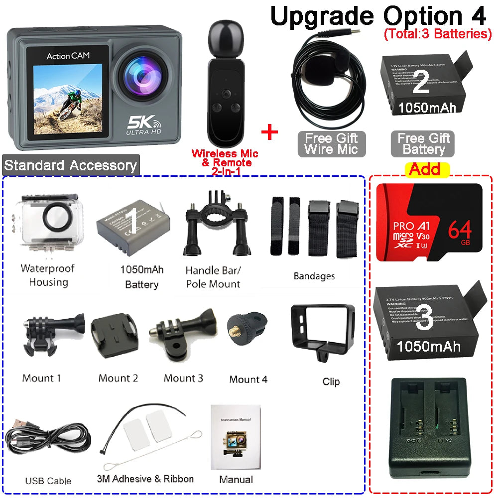 5K 4K60FPS Action Camera Dual IPS Touch LCD DVR EIS 170° 30M Waterproof 5X Zoom Sport Camera With Wireless Mic&Remote Control