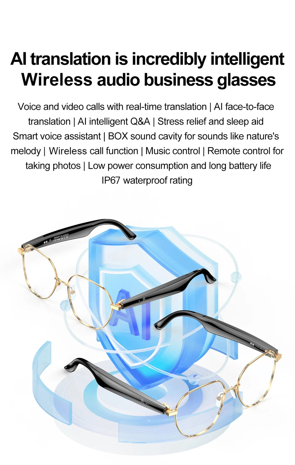 2025 New Smart Glasses Multiple Language Real-time Translation Wireless Call Music Play Sunglasses Waterproof Mens Smart Glasses