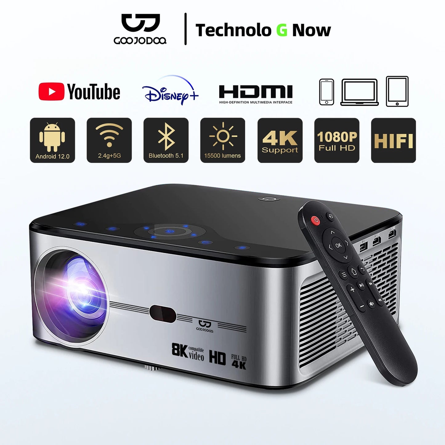GOOJODOQ Full HD 1080P Projector 4K 8K 700ANSI 15500Lumens Android WiFi LED Video Movie Projector LED Home Theater Cinema Beamer