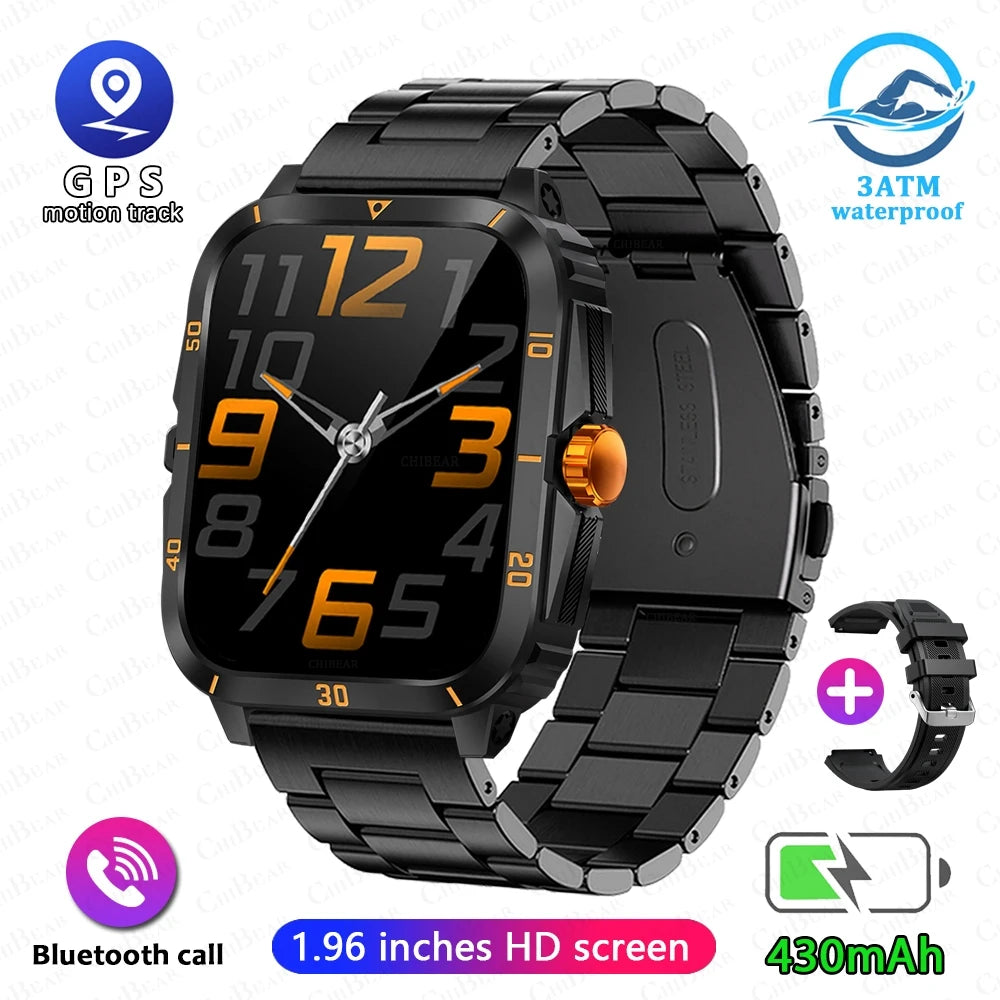 3ATM Waterproof Smartwatch Men 1.96 Inch HD Screen GPS Sports Fitness Tracker Health Monitoring Bluetooth Call Sport Smart Watch