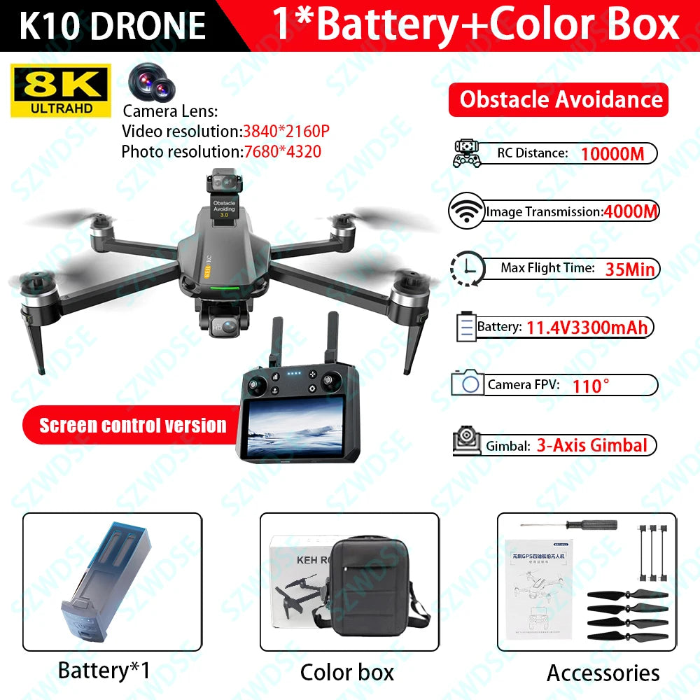 10KM 35 Mins With Touch Screen RC K10 Professional GPS Drone with 3-Axis Gimbal 8K Dual Camera FPV Brushless Airdrop Quadcopter