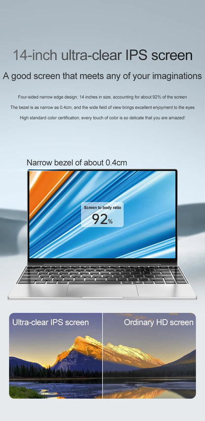 14.1" Slim Bezel Laptop Intel N3700 16GB RAM 1TB SSD Win11 Lightweight Office Entertainment Notebook