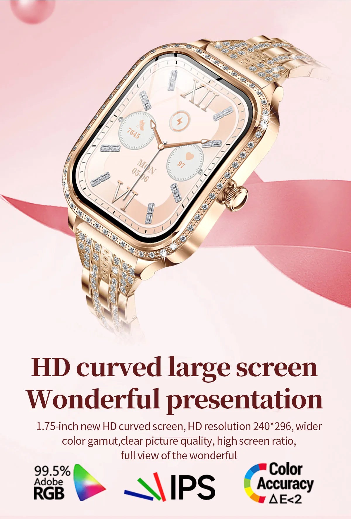 LIGE Fashion Women Smart Watch 1.75inch Curved Screen Sport Bracelet BT HD Calling Clock IP68 Waterproof Diamond Case Smartwatch
