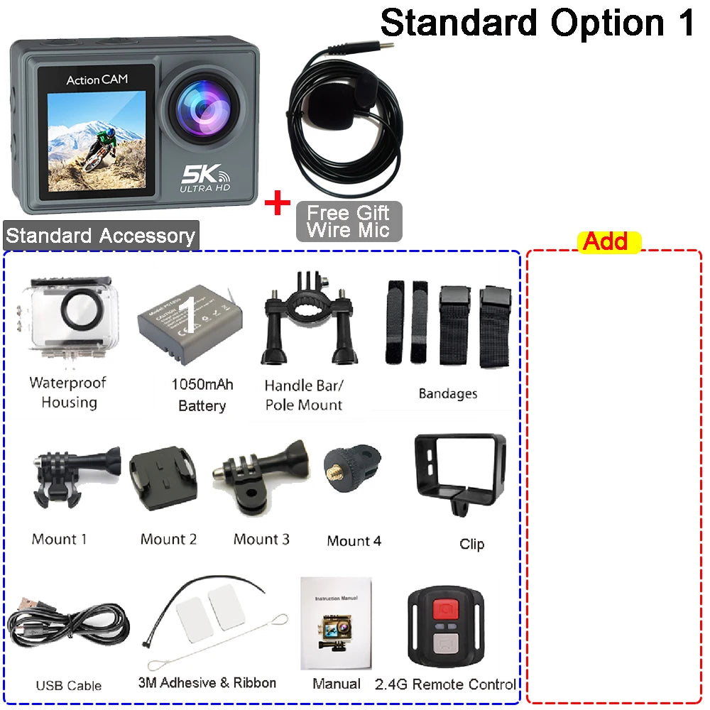 5K 4K60FPS Action Camera Dual IPS Touch LCD DVR EIS 170° 30M Waterproof 5X Zoom Sport Camera With Wireless Mic&Remote Control