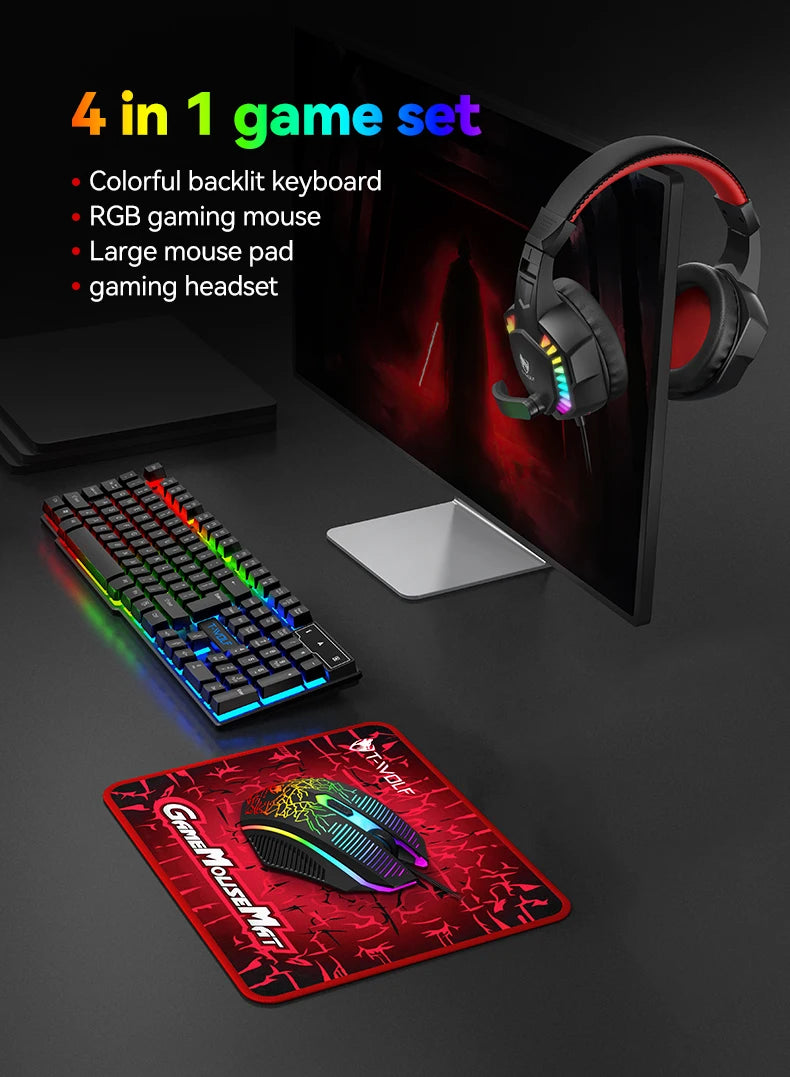 USB Keyboard And Mouse Gaming Headset Combos 4 In 1 English Gaming Wired RGB Keyboard Mouse Set With Mouse Pad and Headphones