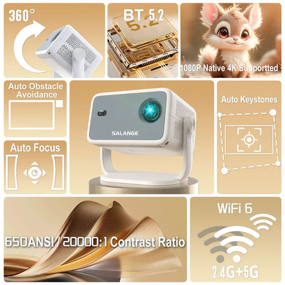 Salange 360° Projector Native 1080P 650ANSI 4K Android 11 With Auto Keystone Focus Air Mouse Wifi6 BT5.2 Portable Movie Outdoor