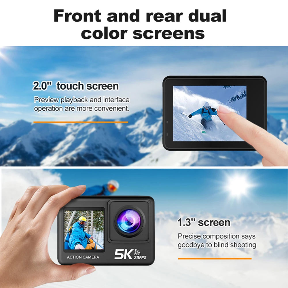 Action Camera 5K 4K60FPS 50MP 2.0 Touch EIS Pre-Record Wireless Mic Wi-Fi 170D DVR Webcam Waterproof 30M 5X Zoom Sports Camera