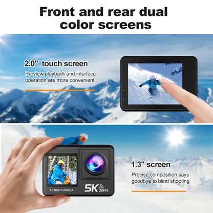 Action Camera 5K 4K60FPS 50MP 2.0 Touch EIS Pre-Record Wireless Mic Wi-Fi 170D DVR Webcam Waterproof 30M 5X Zoom Sports Camera