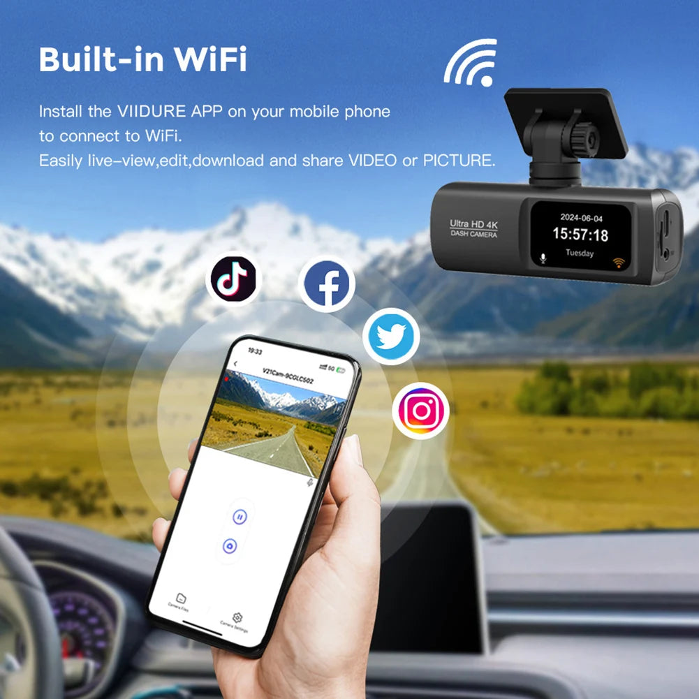 Dash Cam Front and Rear 2.4G WiFi 4K+1080P and 1.47" Screen DashCam with 24H Night Vision Parking Monitor Loop Recording WDR GPS
