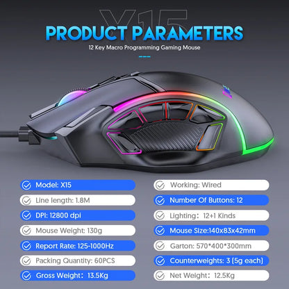 Macro Definition Wired Rgb Gaming Mouse  Full Speed 12800dpi 12 Keys Computer Accessories