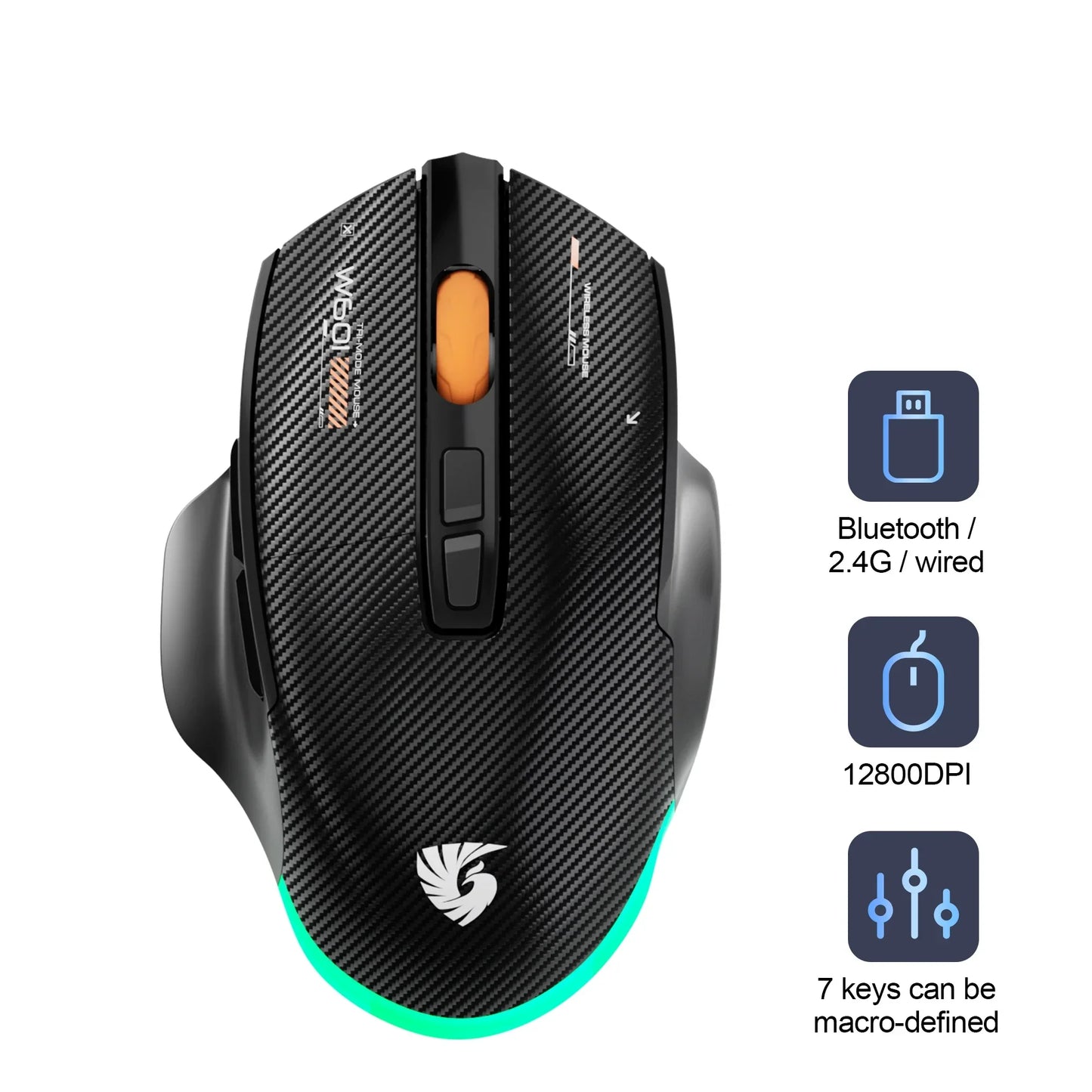 Wireless Game Mouse 12800DPI 1000Hz BT/2.4G/Wired 7 Buttons Macro Mouse for E-sports Ergonomic Design RGB Backlit