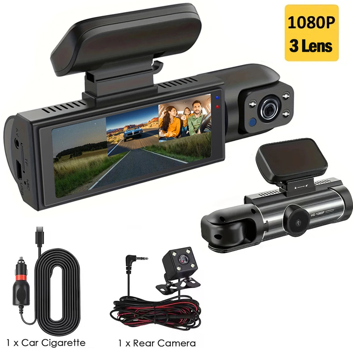 Dash Cam for cars 1080P 3-Lens car camera Night Vision Loop Recording wide angle Car DVR Came Front And Inside Car Dash Recorder