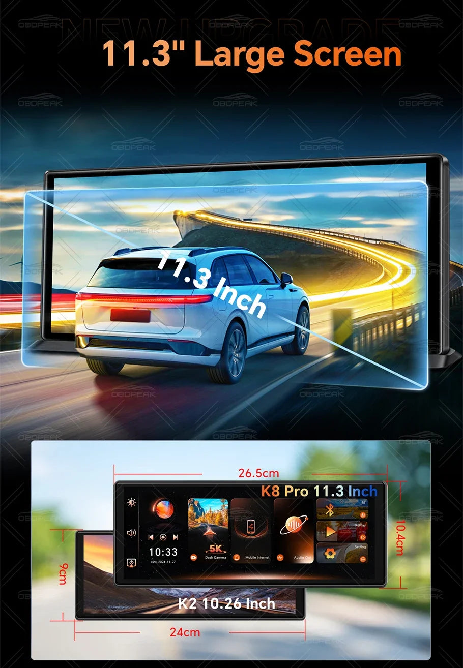 Dash Cam 5K Front Rear Car Camera Wireless CarPlay & Android Auto  WiFi GPS 11.3" Touch Screen GPS Navigation Night Vision DVR