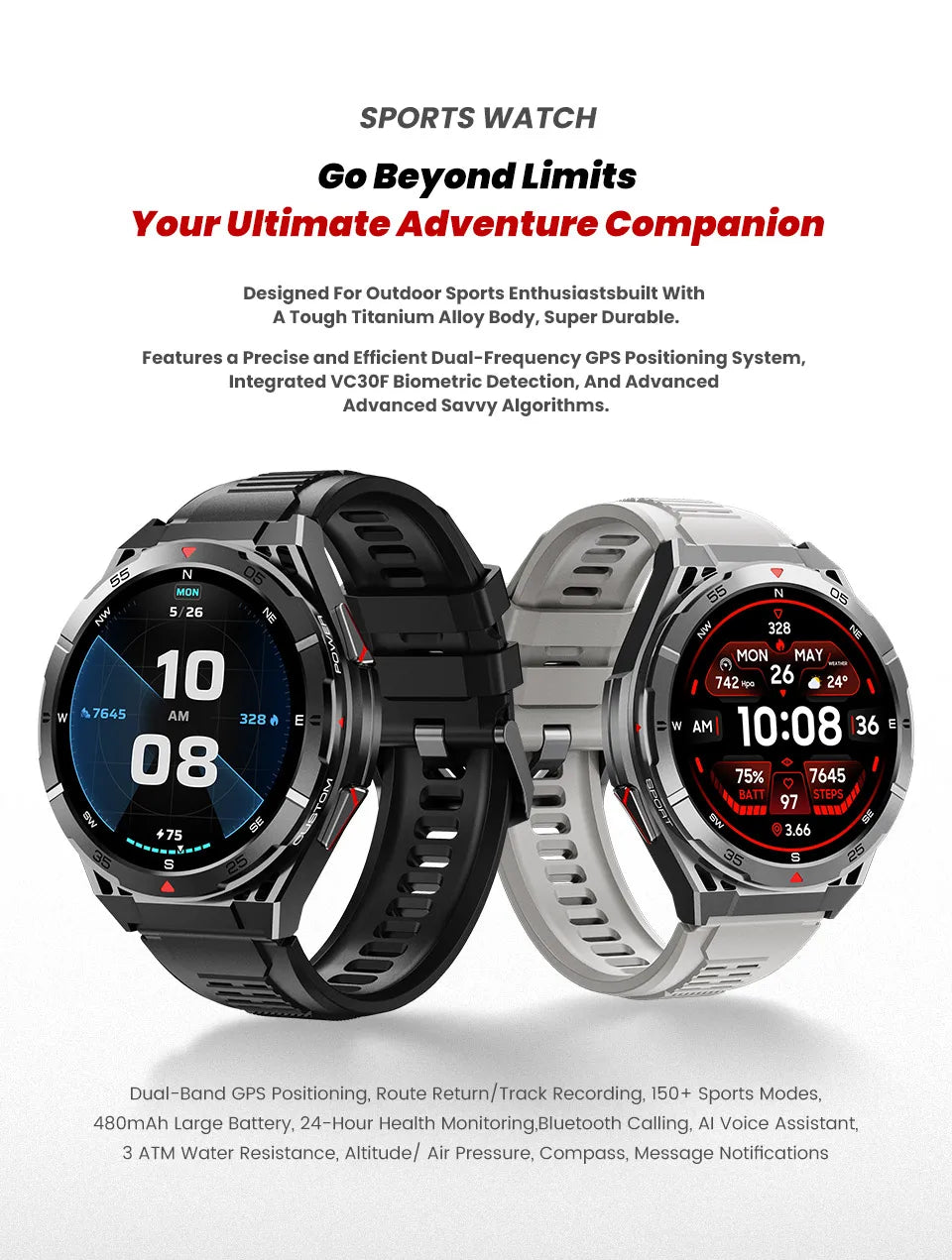 New Outdoor Built-in GPS Smart Watch Men 1.43'' AMOLED Display Compass 3ATM Waterproof Swimming Grade Bluetooth Call Smartwatch