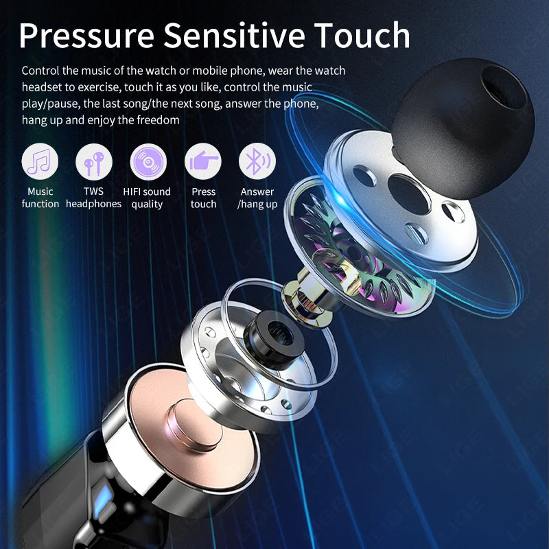 LIGE 2 in 1 Smartwatch Men 400mAh Battery Bluetooth Call With TWS Headset NFC Music Control 100+ Sport Mode Waterproof Watch Man