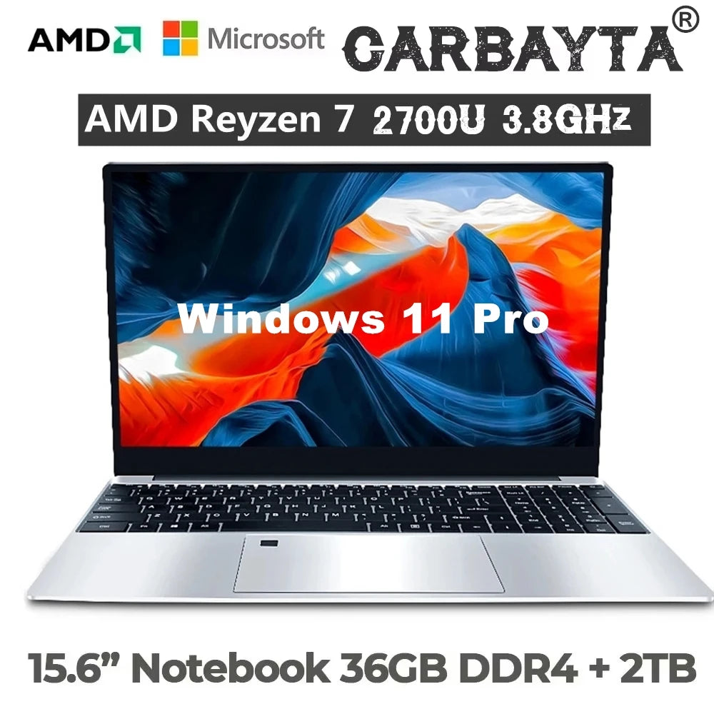 CARBAYTA AMD Ryzen 7 2700U Laptop - 36GB RAM 2TB SSD Metal Body Bluetooth Windows 11 pro Gaming IPS Portable Computer