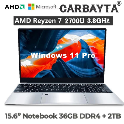 CARBAYTA AMD Ryzen 7 2700U Laptop - 36GB RAM 2TB SSD Metal Body Bluetooth Windows 11 pro Gaming IPS Portable Computer