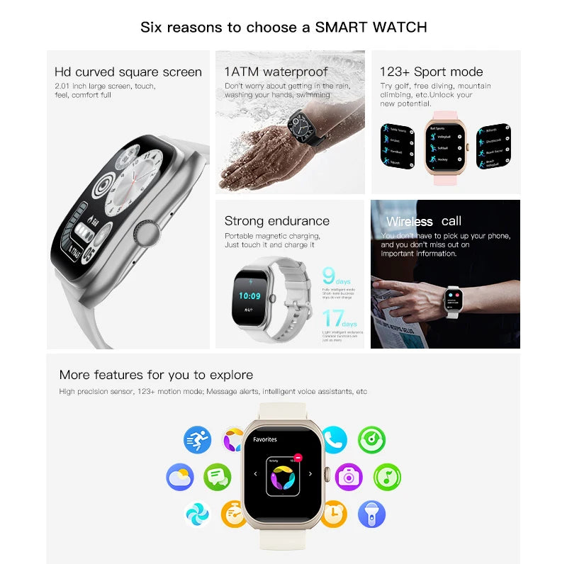 LIGE 2025 Smart Watch For Android IOS Phone 2.01" 3D Curved Screen Bluetooth Call Blood Oxygen Heart Rate Smart Watch Women Men