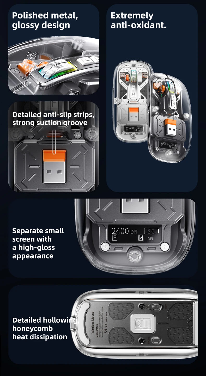 Full of technological sense! Translucent wireless mouse with multi-mode connection and metal roller.