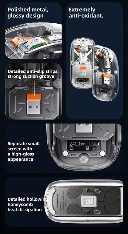 Full of technological sense! Translucent wireless mouse with multi-mode connection and metal roller.
