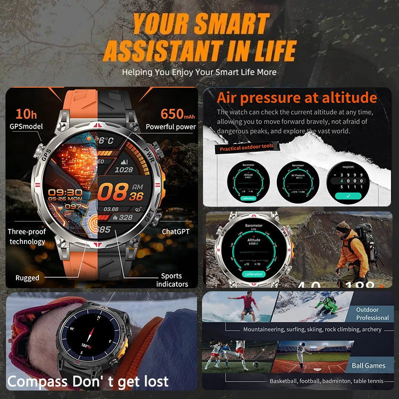 2025 Best seller Military AMOLED HD SmartWatch GPS Compass 10ATM Waterproof Tactics 170+Sport BT call SmartWatch 650Mah Battery