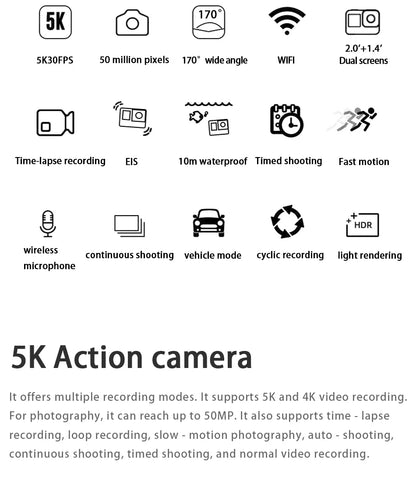 CERASTES Action Camera 5K 4K 60FPS WiFi Anti-shake Dual Screen 170° Wide Angle 30m Waterproof Sport Camera with Remote Control