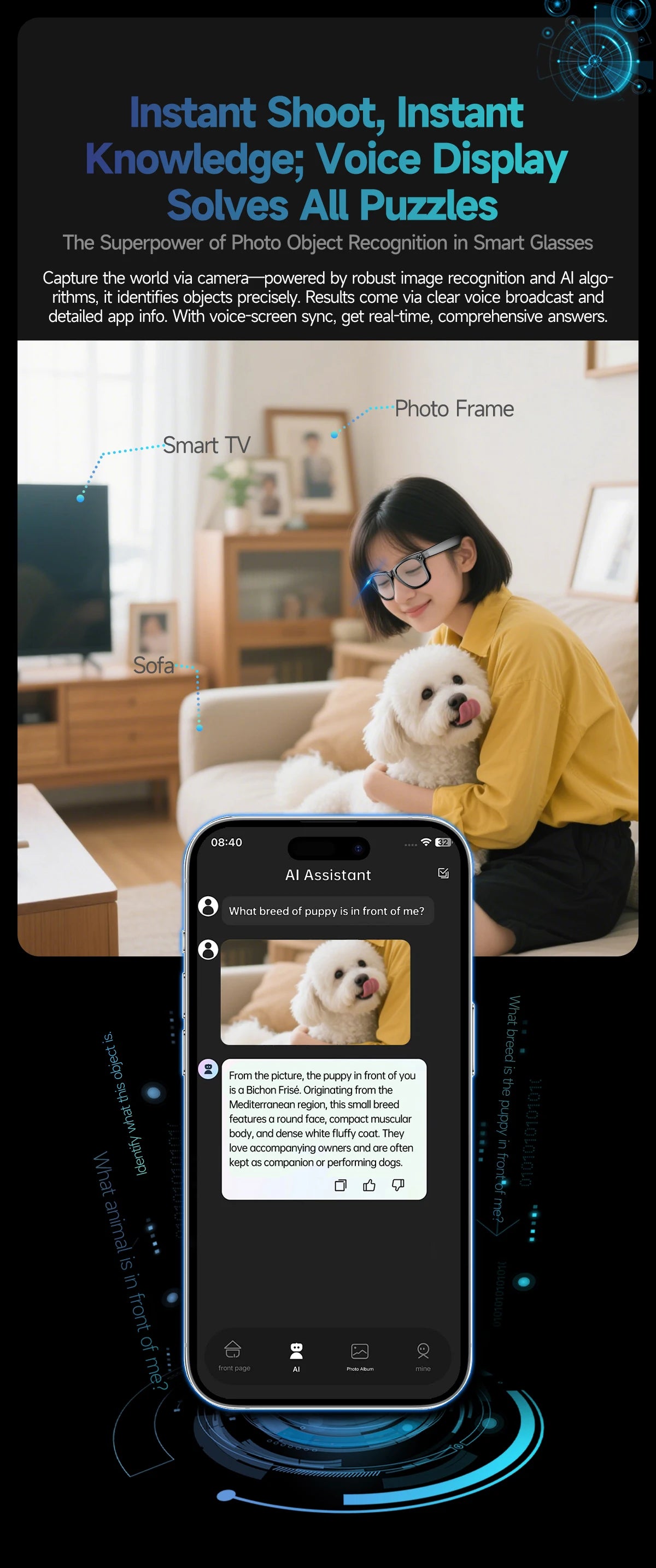 Smart Glasses HD Camera Recording Videos AI Photo Recognition Answer Translation 270mAh Large Battery Waterproof BT Call Glasses