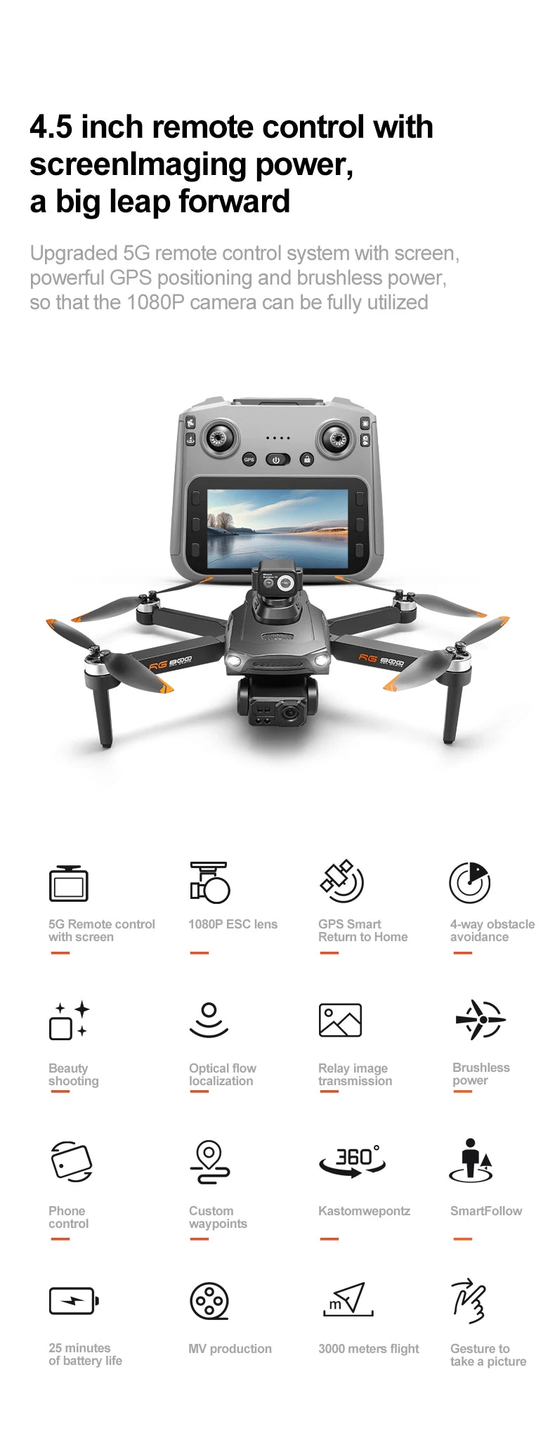 RG800 MAX GPS Drone 8K Professional HD Dual Camera With Screen 5G 360°Obstacle Avoidance Brushless Foldable Quadcopter Drone