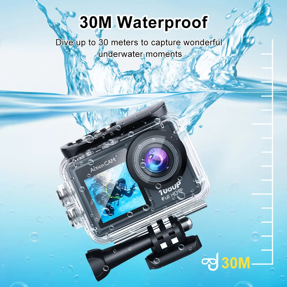 Action Camera Full HD 1080P 12MP Waterproof 30M Underwater Dual Screen With WiFi Wide Angle Sport Camera With Motion Detection