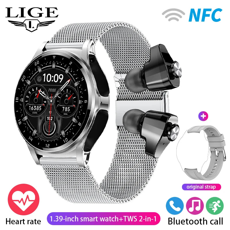 LIGE 2 in 1 Smartwatch Men 400mAh Battery Bluetooth Call With TWS Headset NFC Music Control 100+ Sport Mode Waterproof Watch Man