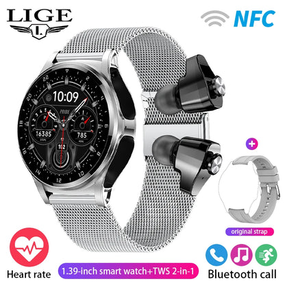 LIGE 2 in 1 Smartwatch Men 400mAh Battery Bluetooth Call With TWS Headset NFC Music Control 100+ Sport Mode Waterproof Watch Man
