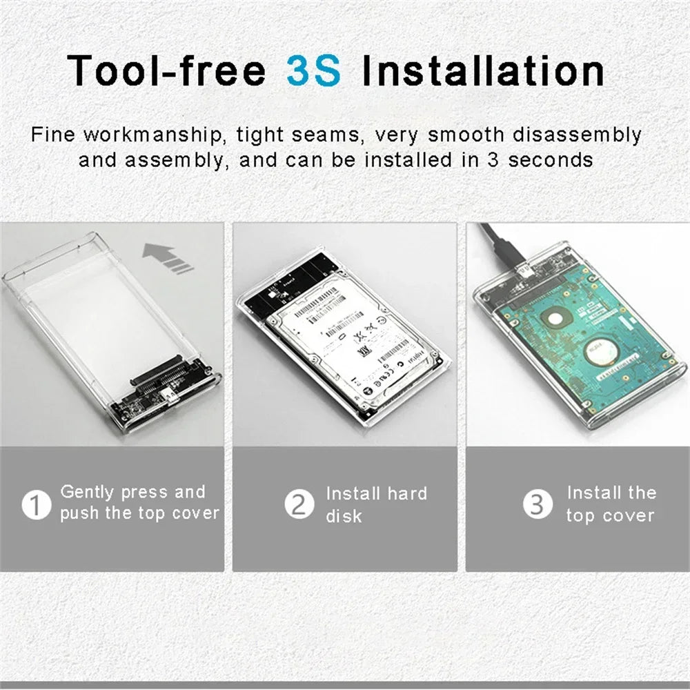 USB 3.0/Type C External Hard Drive Enclosure 2.5 Inch SATA to USB3.0 UASP Clear Portable Hard Drive Case HDD Tool-Free