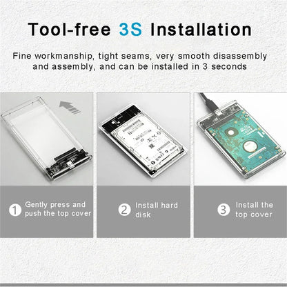 USB 3.0/Type C External Hard Drive Enclosure 2.5 Inch SATA to USB3.0 UASP Clear Portable Hard Drive Case HDD Tool-Free