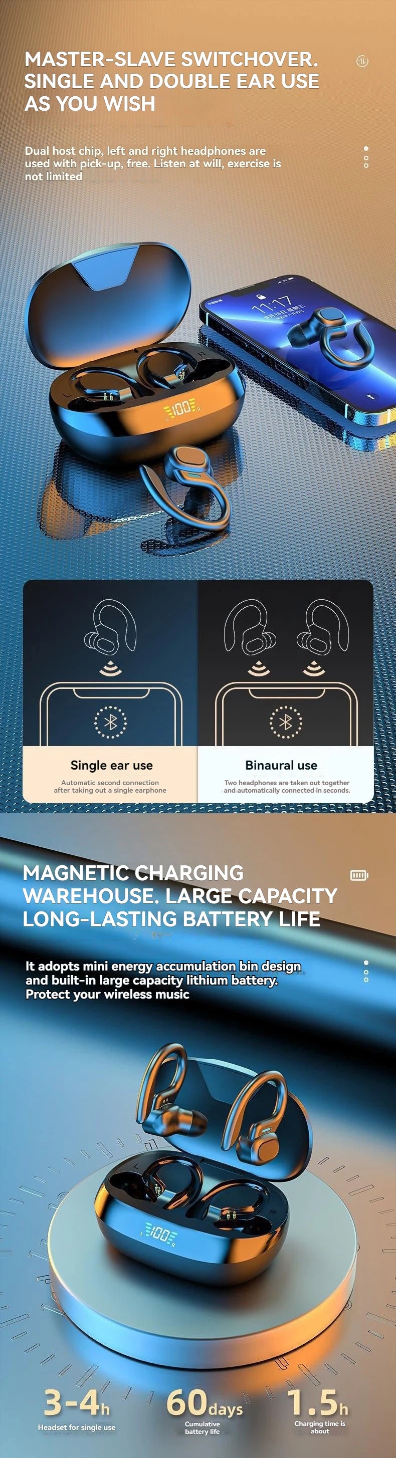 Ear Hook Wireless Sport Headphones 50H Open-Ear Bluetooth Earphones with LED Display Noise Reduction for Running Cycling